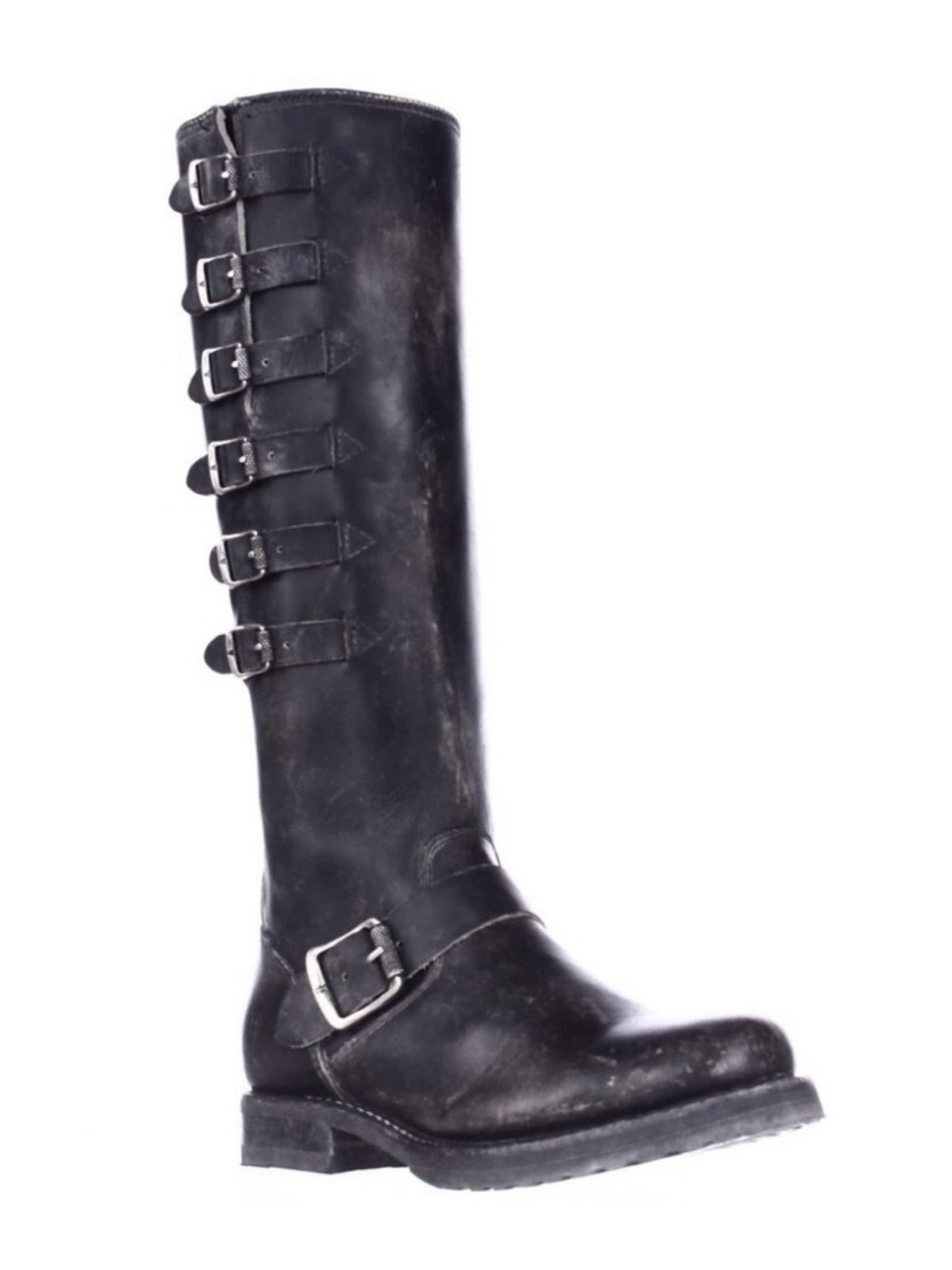 Frye Black Veronica Tall Leather Moto Boots with Buckles 6.5
